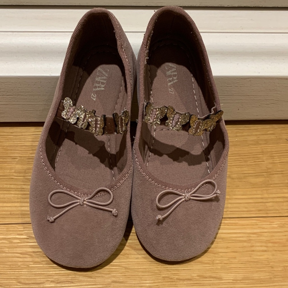 Zara Girls Dusty Rose Ballet Flats with Sparkle Butterfly Strap